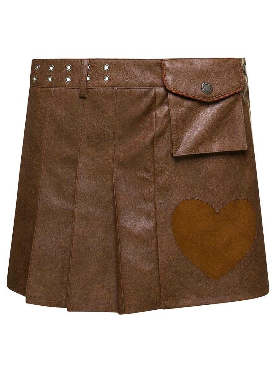 ANDERSSON BELL \'Arina\' Brown Pleated Mini Skirt with Heart and Patch Pocket Detail in Faux Leather Woman Brown