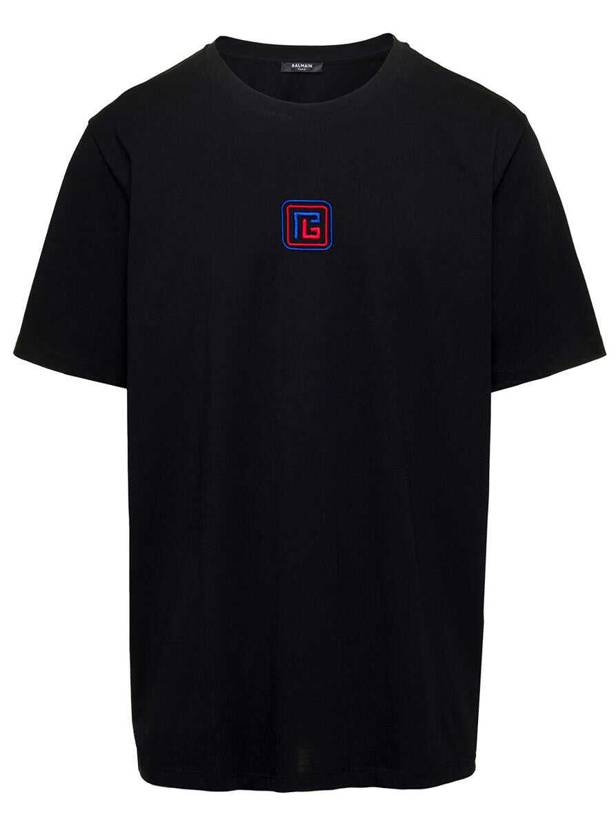 Balmain Black T-Shirt with Front Logo Embroidery in Organic Cotton Man Black