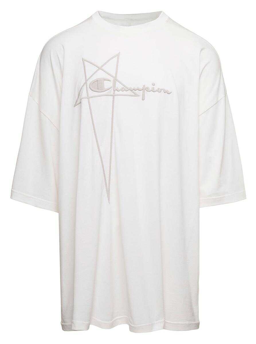 Rick Owens \'Tommy T\' White Oversize T-Shirt with Pentagram Embroidery at the Front in Cotton Man White