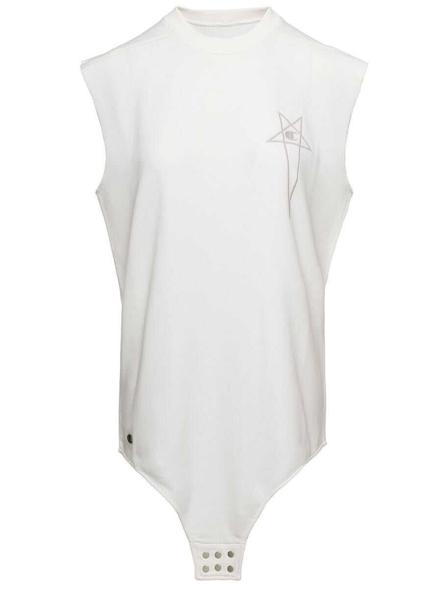 Rick Owens \'SL Body\' Long White Tank Top with Pentagram Embroidery and a Six Snap Closure Hanging in Cotton Woman White