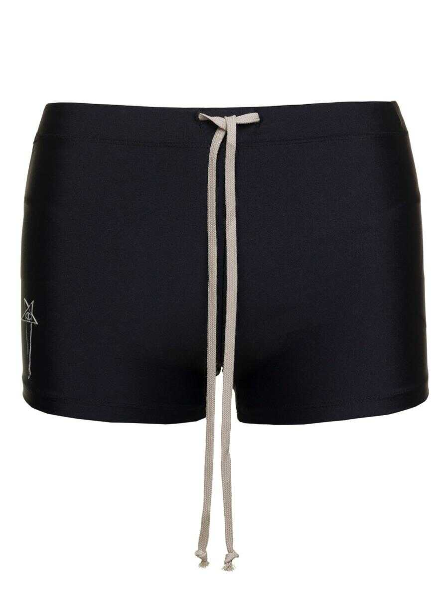 Poze Rick Owens Black Tight Swim Trunks with Drawstring and Pentagram Patch in Recycled Nylon Man Black b-mall.ro 