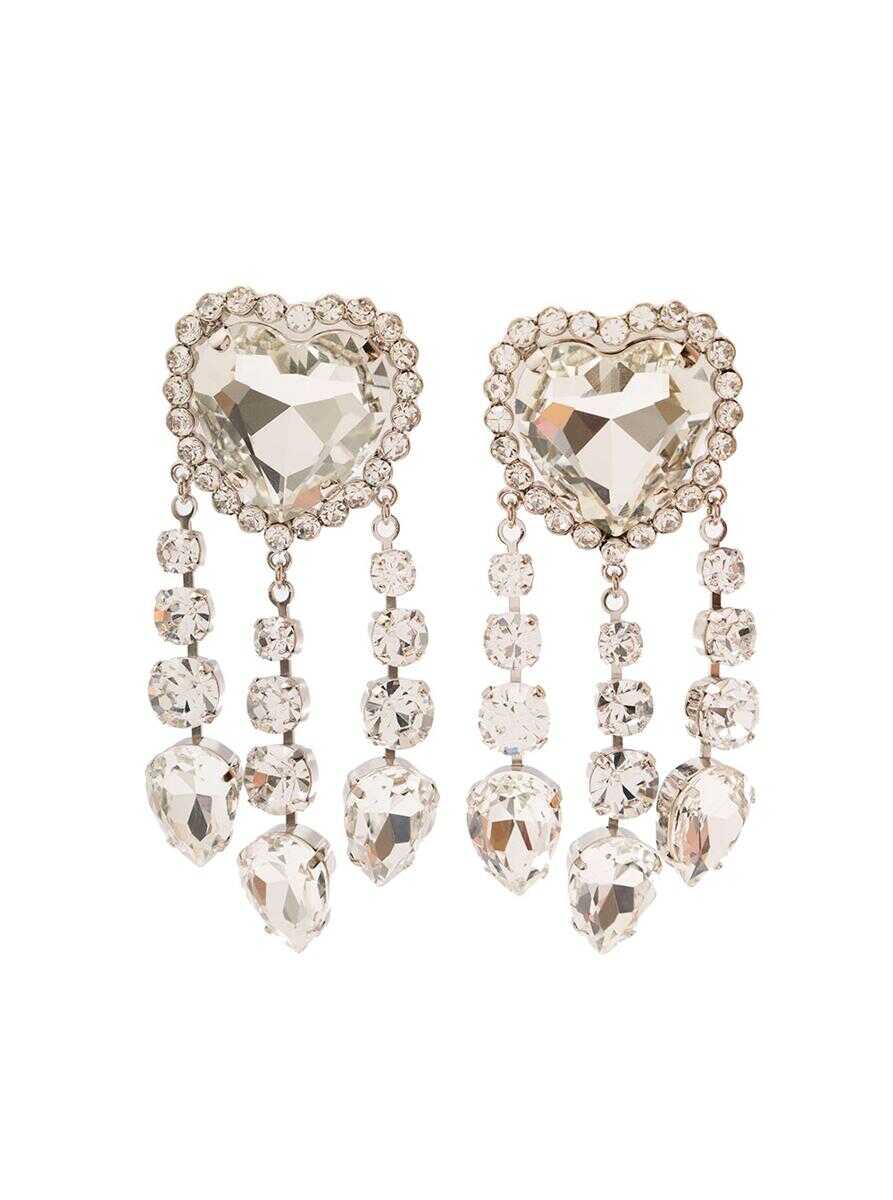 ALESSANDRA RICH Silver-Colored Heart-Shaped Clip-On Earrings with Crystal Pendants in Hypoallergenic Brass Woman GREY