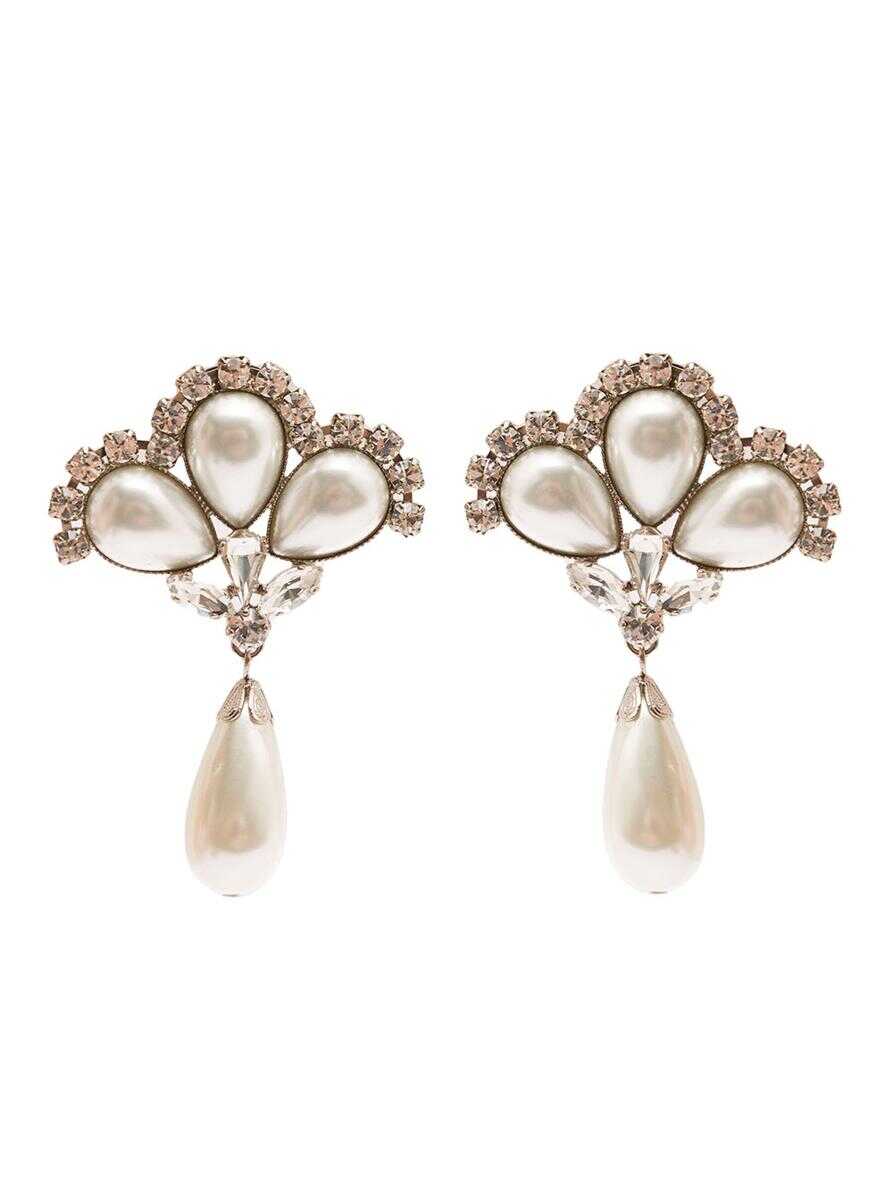 ALESSANDRA RICH Silver-Colored Clip-On Crystal Earrings with Pendant Pearl in Hypoallergenic Brass Woman GREY