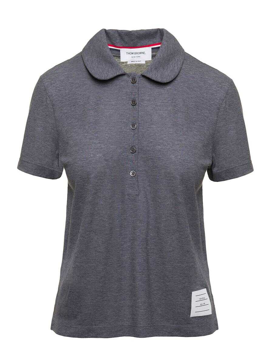Thom Browne Grey Polo Shirt with Peter-Pan Collar and Logo Patch in Cotton Woman Grey