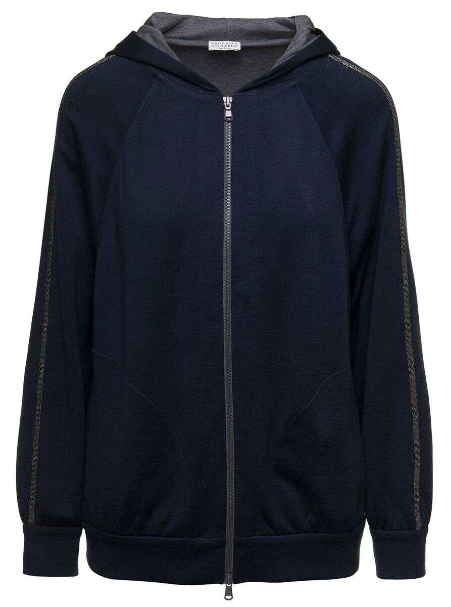 Brunello Cucinelli Blue Hoodie with Monile Detail in Cotton and Silk Blend Woman BLU