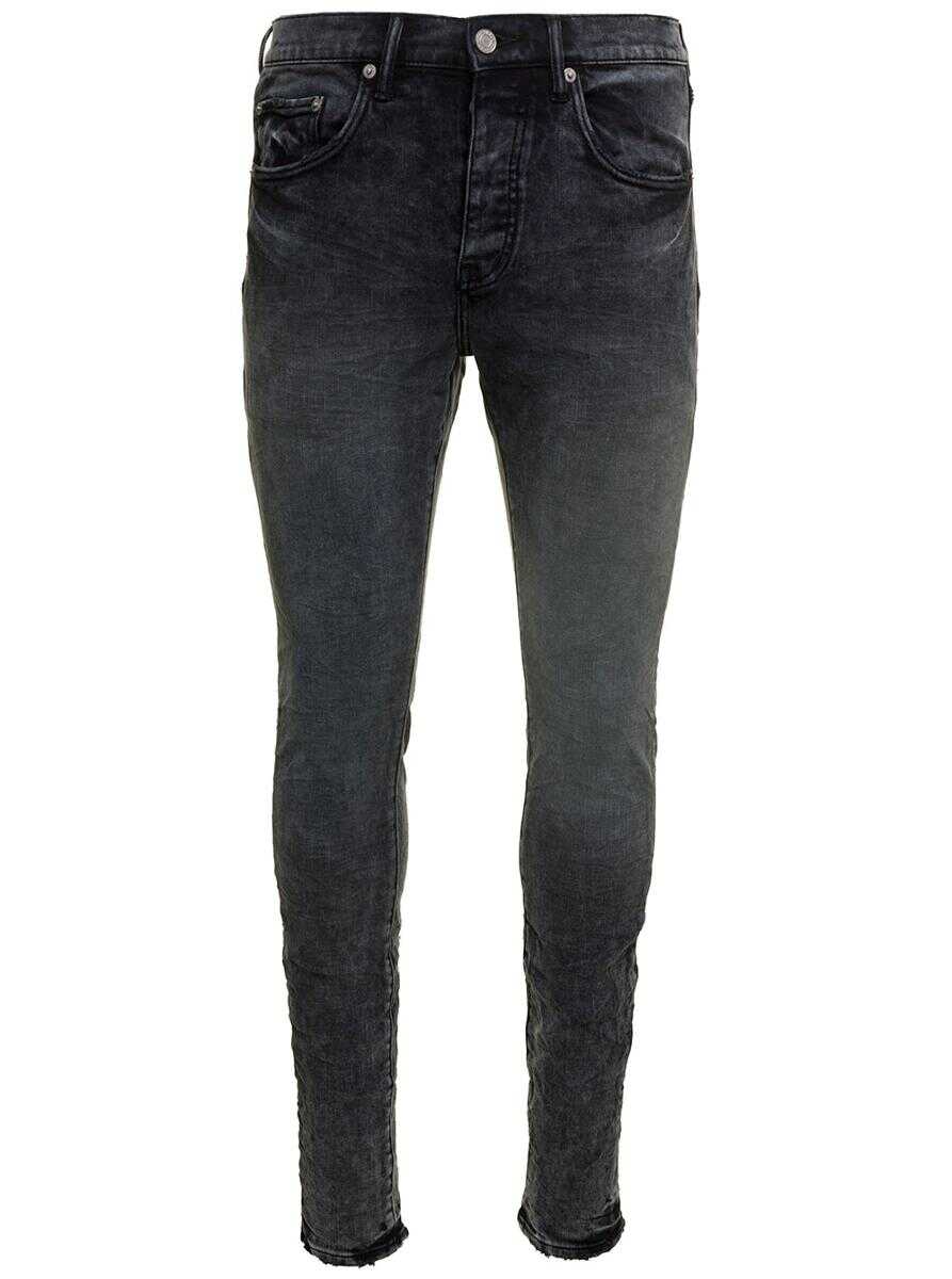 PURPLE BRAND Black Skinny Jeans with Tonal Logo Patch and Crinkled Effect in Stretch Cotton Denim Man Black