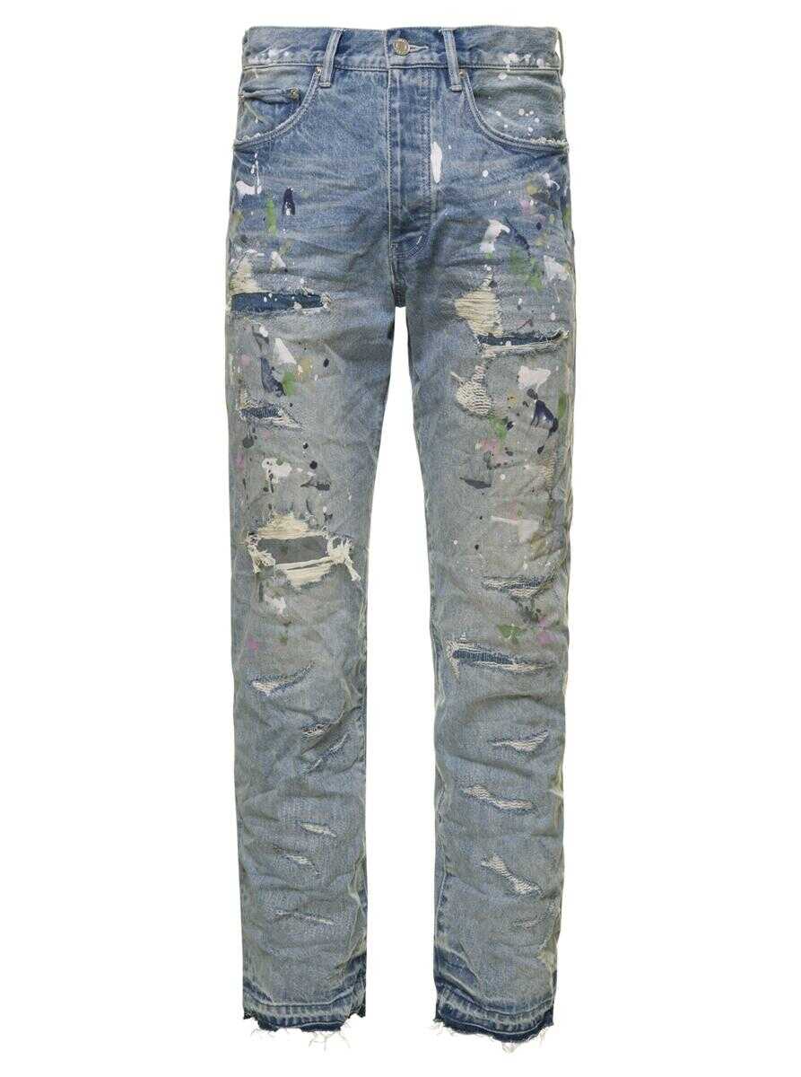 PURPLE BRAND Light Blue Wrinkled Jeans with Rips and Paint Stains in Cotton Denim Man Purple Brand Blu