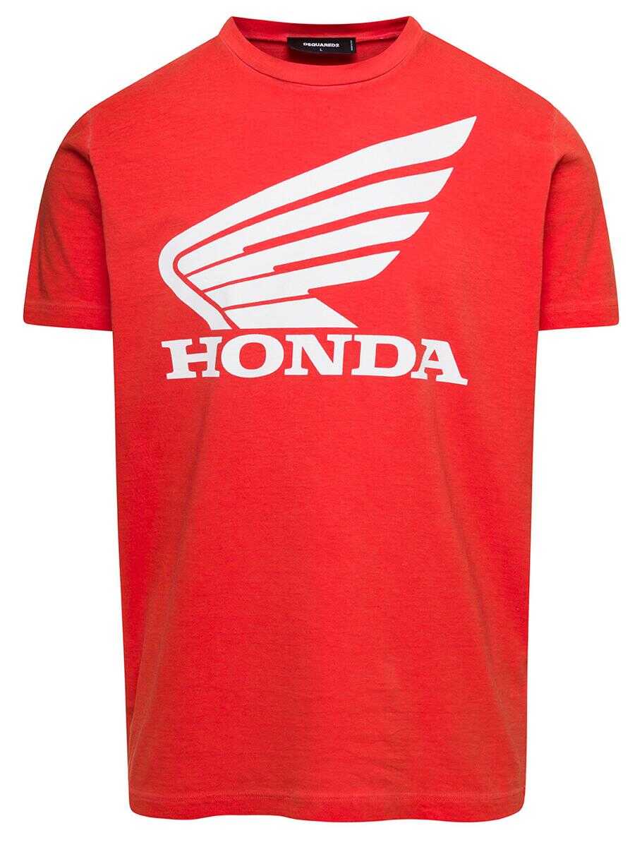 DSQUARED2 Red Honda Crew Neck T-Shirt with Logo Print on the Chest in Cotton Man RED