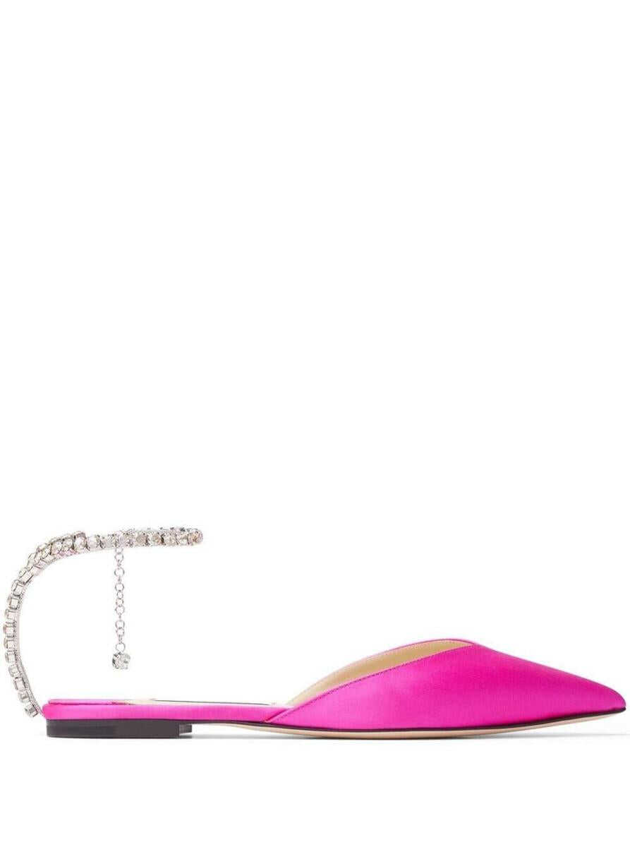 Jimmy Choo Fuchsia Pink Ballerina Flat Shoes with Crystal Embellishment in Satin Woman FUXIA