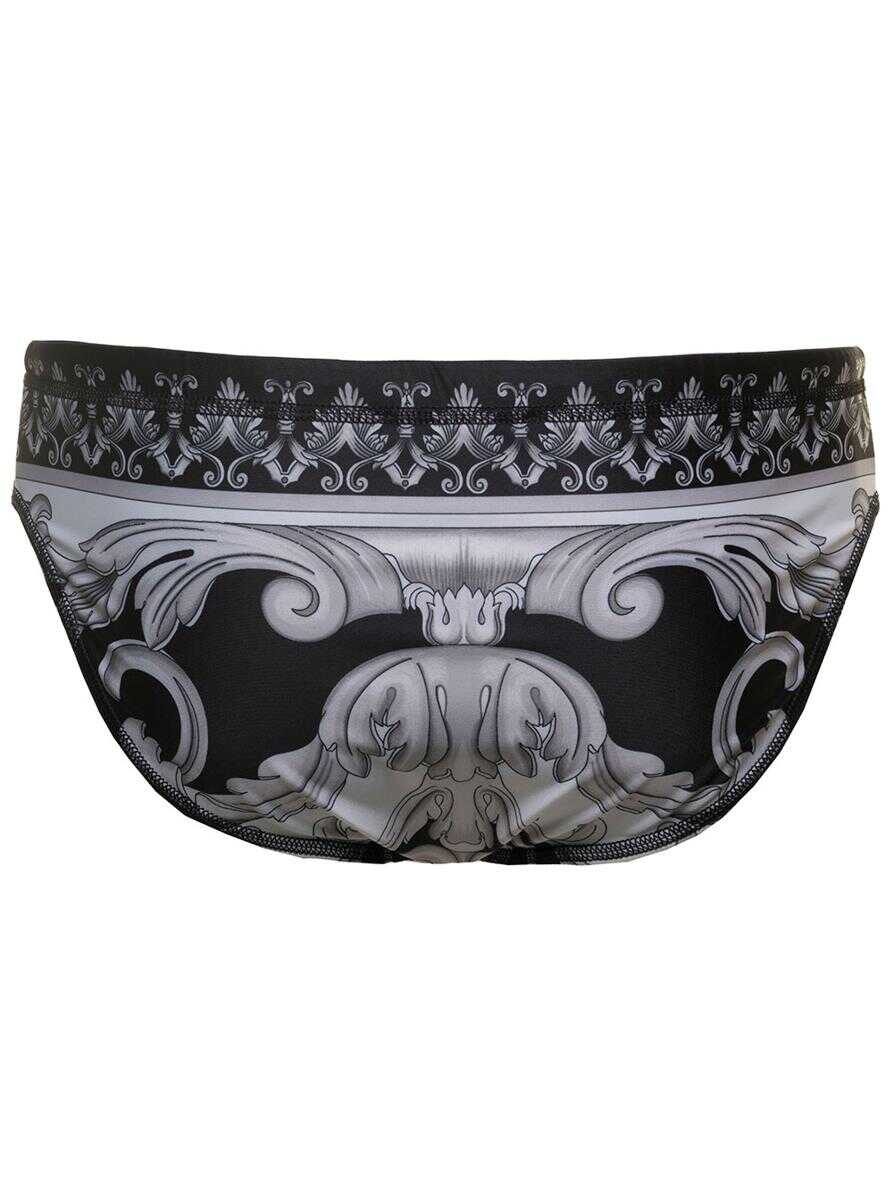 Versace Black and White Swim Briefs with All-Over Barocco Print in Stretch Polyester Man Black