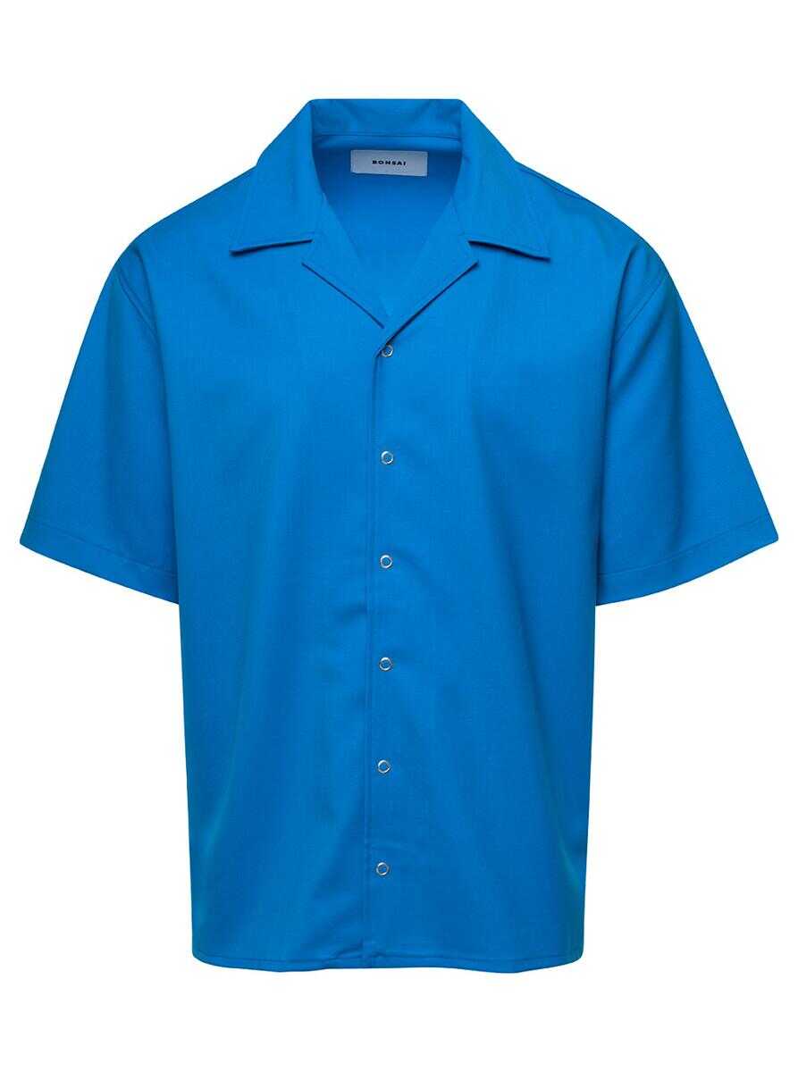 BONSAI Blue Short Sleeved Bowling Shirt in Stretch Wool Man BLUE