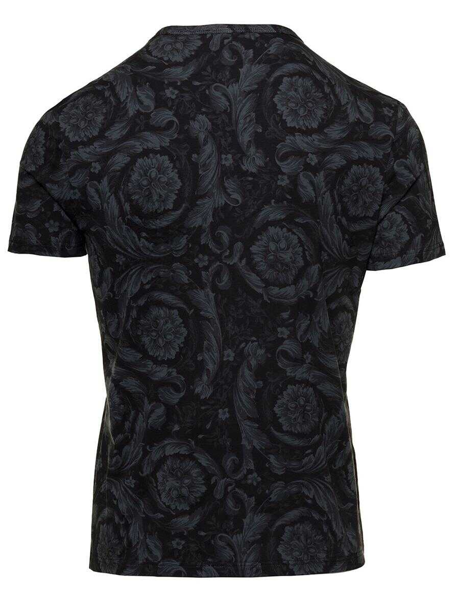 Versace Black Crewneck T-Shirt with Monocrome Baroque Print in Stretch Cotton Man GREY