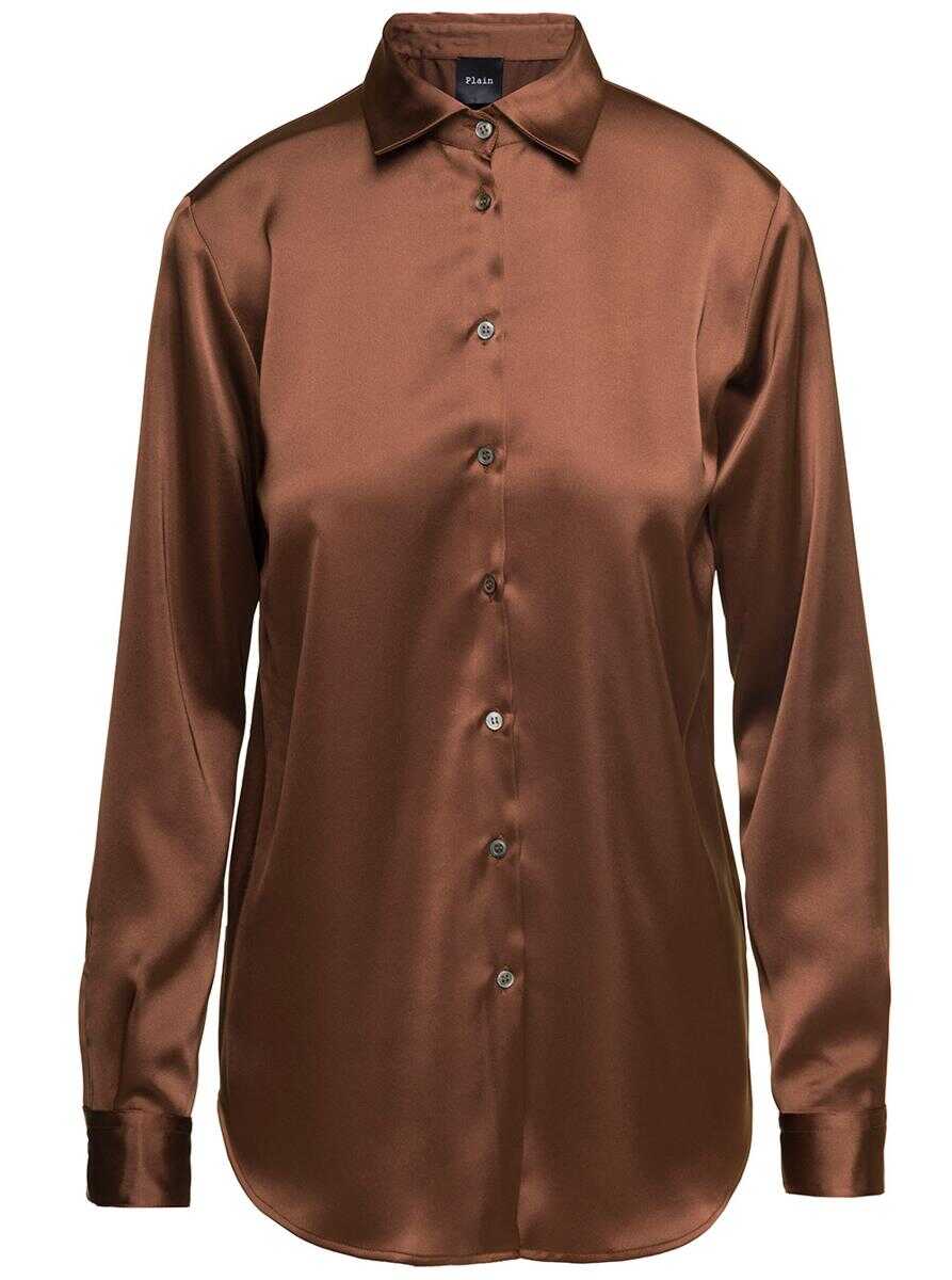 PLAIN Brown Long-sleeved Blouse and Button Fastening in Satin Woman BROWN