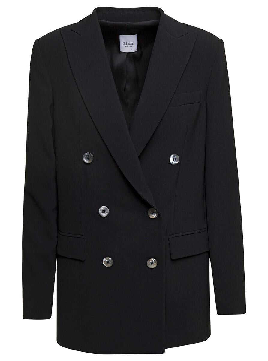 PLAIN Black Double-Breasted Jacket with Peaked Revers and Tonal Buttons in Stretch Fabric Woman BLACK