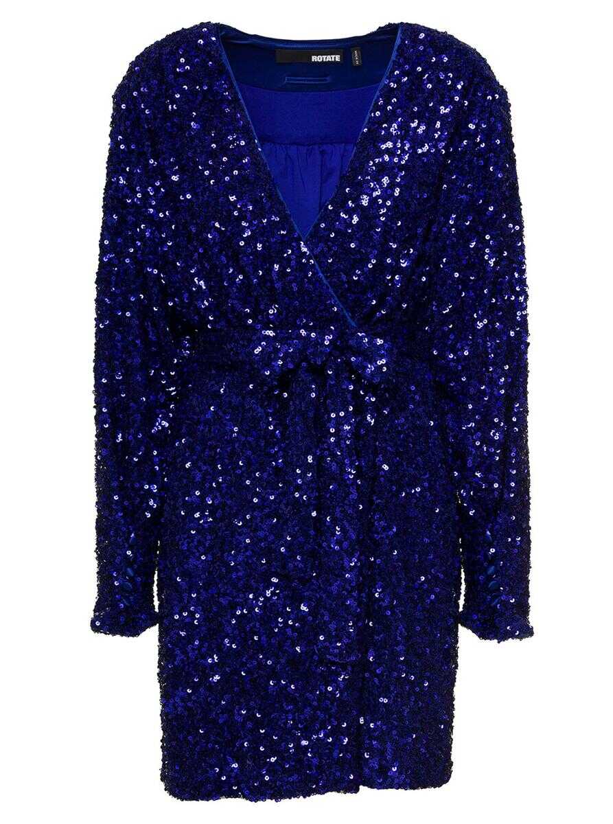 ROTATE Birger Christensen Mini Blue Wrap Dress with All-Over Sequins in Stretch Polyester Woman Rotate Blu