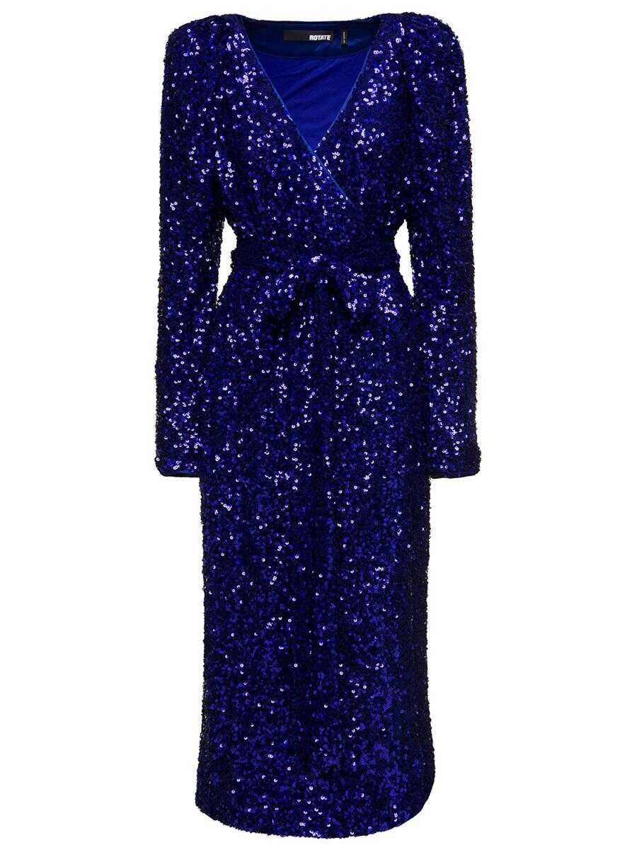 ROTATE Birger Christensen Long Blue Wrap Dress with All-Over Sequins in Stretch Polyester Woman Rotate Blu
