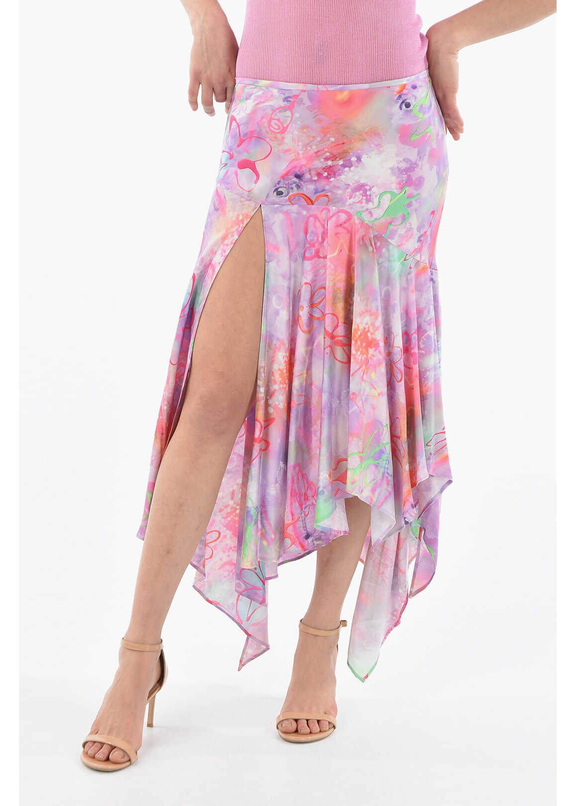 COLLINA STRADA Silk High Waist Asymmetrical Cut Skirt With Maxi Split On Th Pink