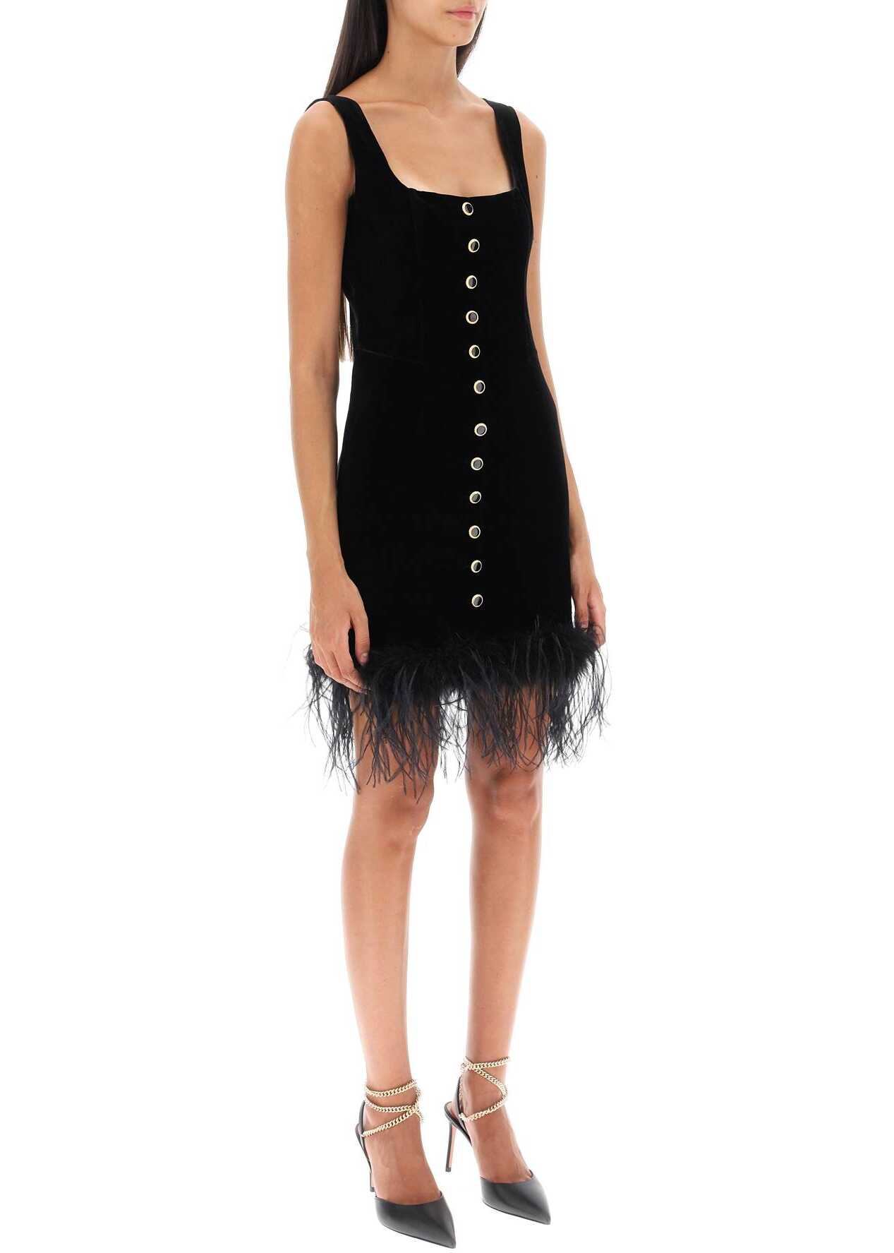 Alessandra Rich Velvet Mini Dress With Ostrich Feathers BLACK