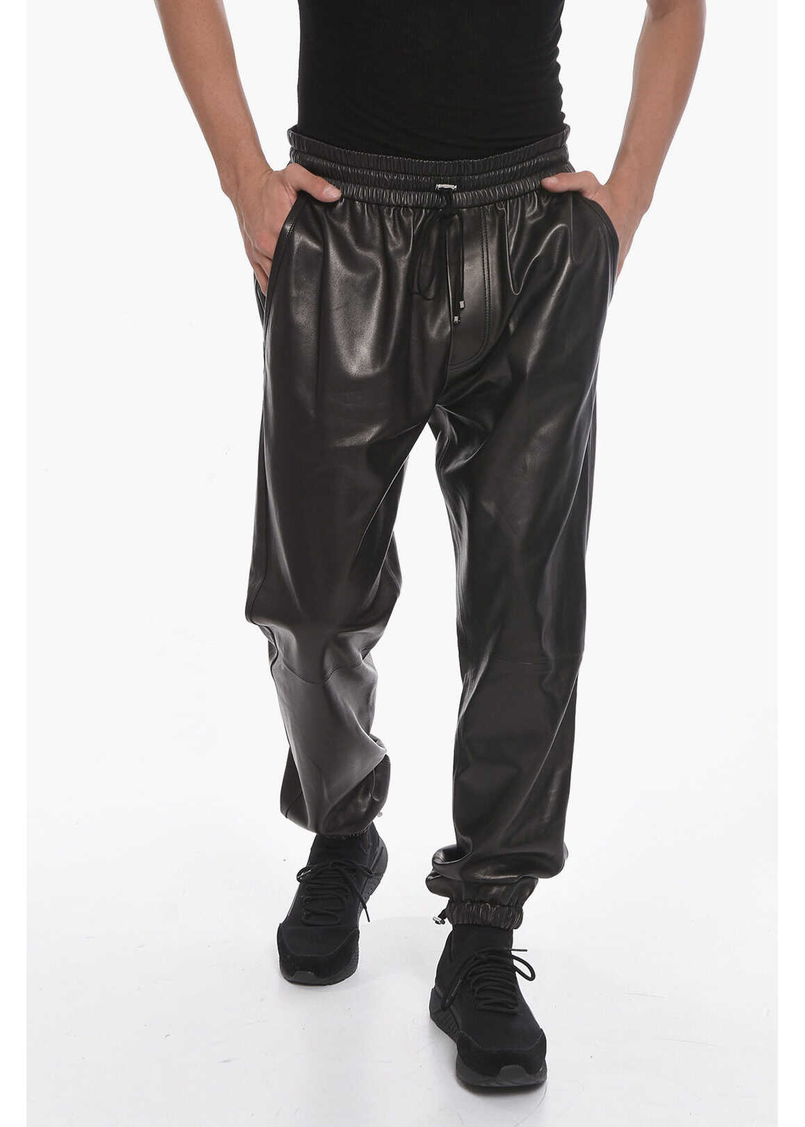 AMIRI Soft-Leather Joggers With Ankle Drawstrings Black