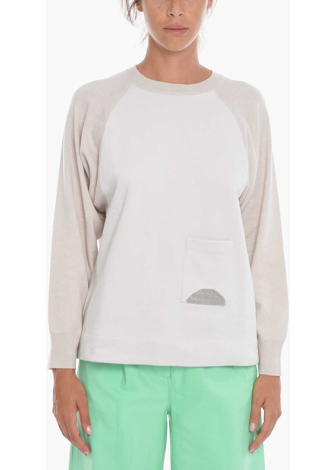 Fabiana Filippi Fleeced-Cotton Crewneck Sweatshirt With Pocket Detail Beige