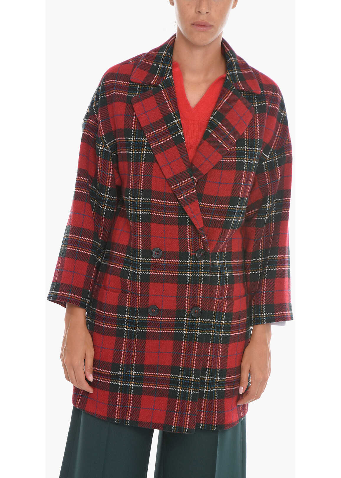 RED VALENTINO Wool Double-Breasted Coat With Tartan Pattern Red