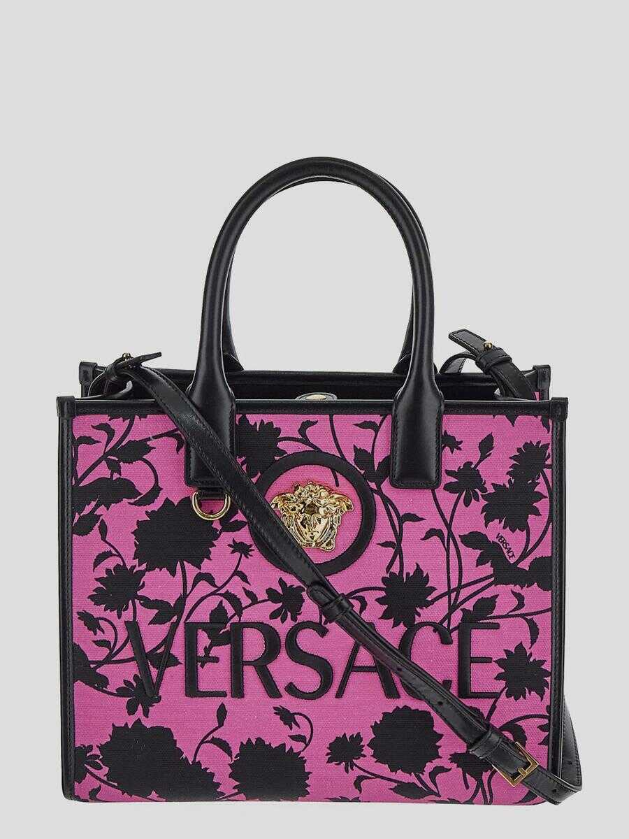 Versace Versace Floral Silhouette Embossed Medusa Tote Bag BLACK-WATERLILY-VERSACE GOLD