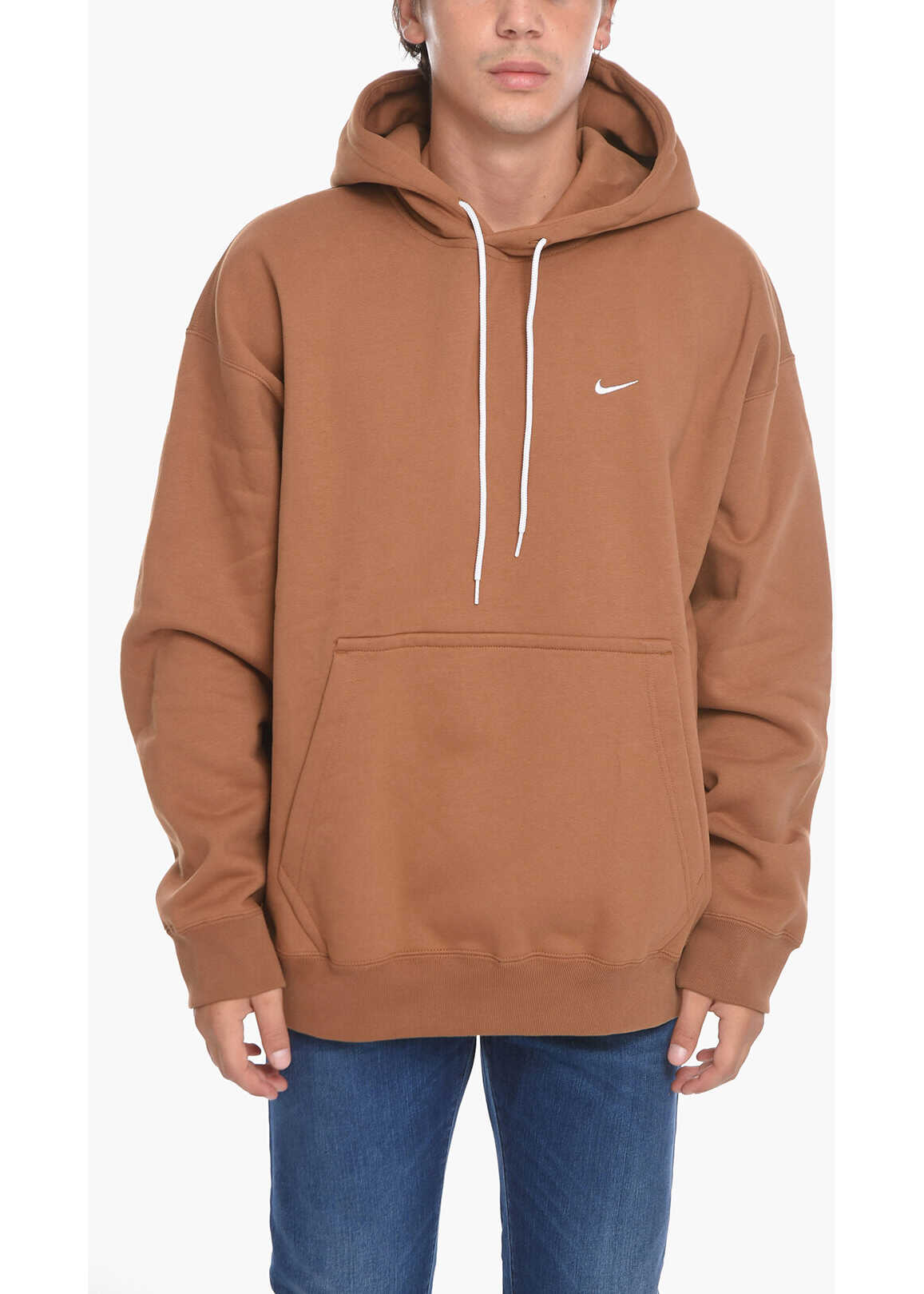 Nike Fleeced-Cotton Hoodie With Patch Pocket Brown