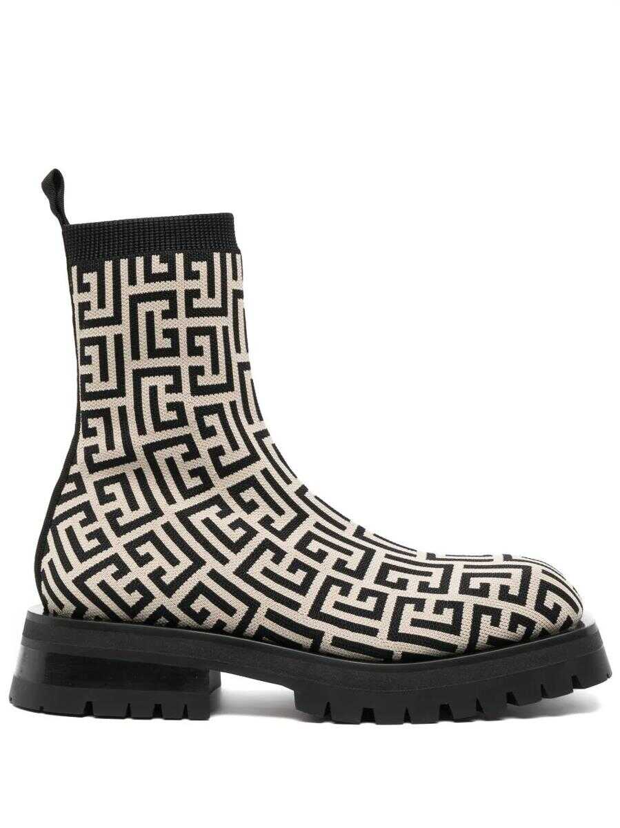 Poze Balmain BALMAIN and Ivory Jacquard Knitted Ankle Boot with Monogram Black