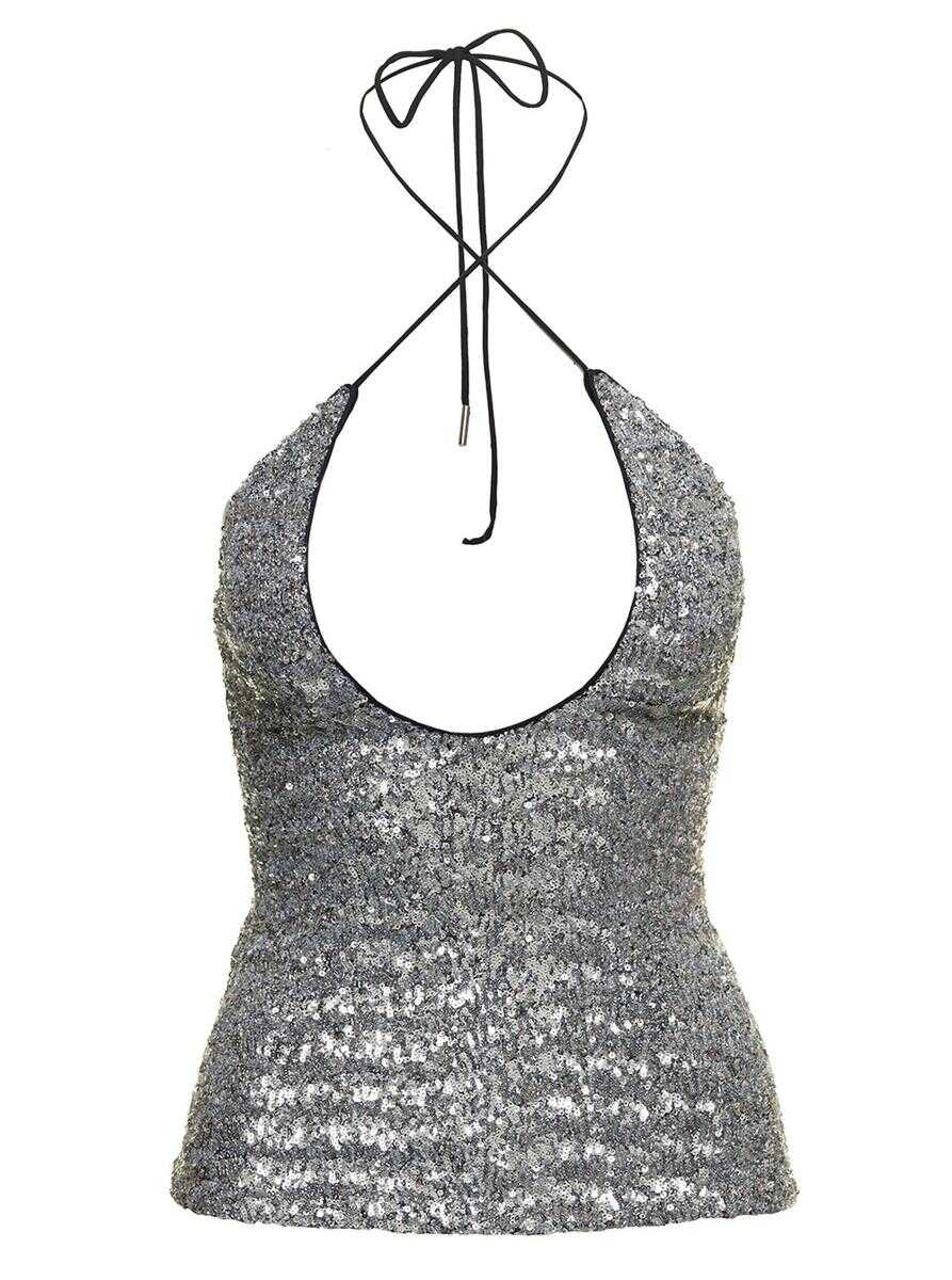 THE ATTICO \'Alyx\' Silver-Colored Top with Criss Cross Neckline and All-Over Paillettes in Tech Fabric Woman GREY