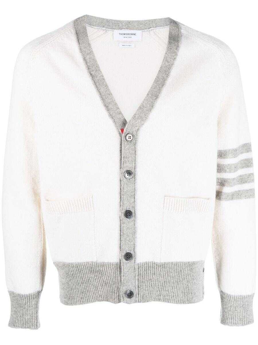 Thom Browne THOM BROWNE JERSEY STITCH RAGLAN SLEEVE RELAXED V NECK CARDIGAN IN SHETLAND WOOL WITH 4 BAR STRIPE CLOTHING White