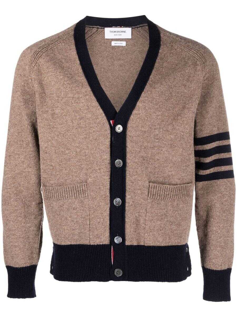Thom Browne THOM BROWNE JERSEY STITCH RAGLAN SLEEVE RELAXED V NECK CARDIGAN IN SHETLAND WOOL WITH 4 BAR STRIPE CLOTHING Brown
