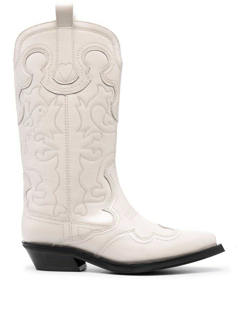 Ganni GANNI Embroidered leather western boots WHITE