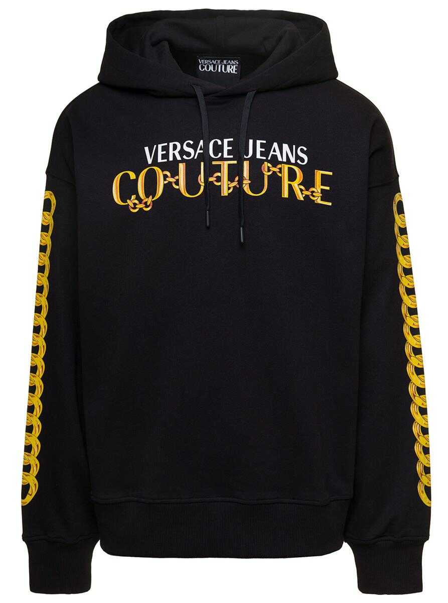 Versace Jeans Couture Hoodie with Printed Logo and Chain Motif in Black Cotton Man Black