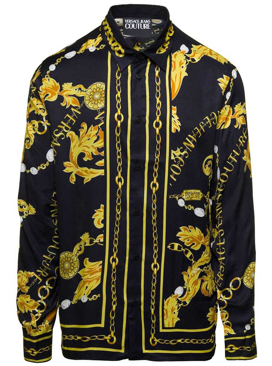 Versace Jeans Couture Black and Gold Shirt with All-over \'Baroque\' Print in Viscose Man Black