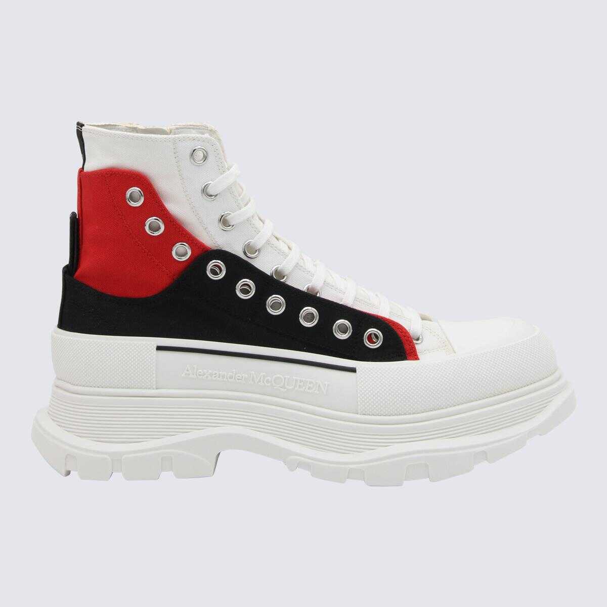Alexander McQueen ALEXANDER MCQUEEN WHITE BLACK AND RED CANVAS TREAD SLICK LACE UP FASTENING BOOTS BLK/L.R/WH/OF.W/B./S