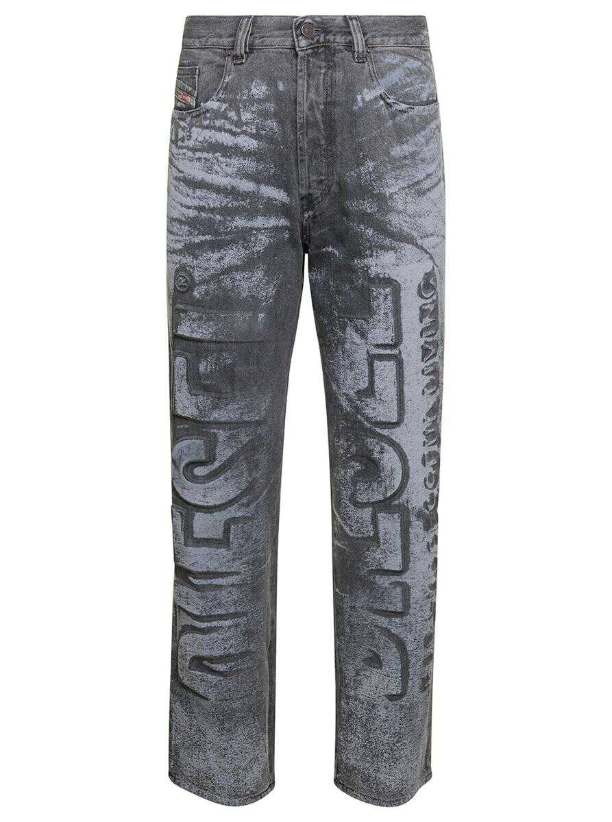 Diesel Grey Straight Jeans with Bleached Effect and Logo Lettering Print in Cotton Blend Denim Man Blu