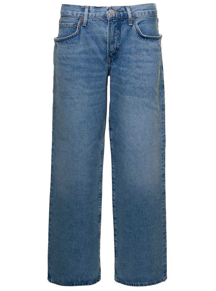 AGOLDE \'Fusion\' Light Blue 5-Pocket Style Wide Jeans in Cotton Denim Woman Blu
