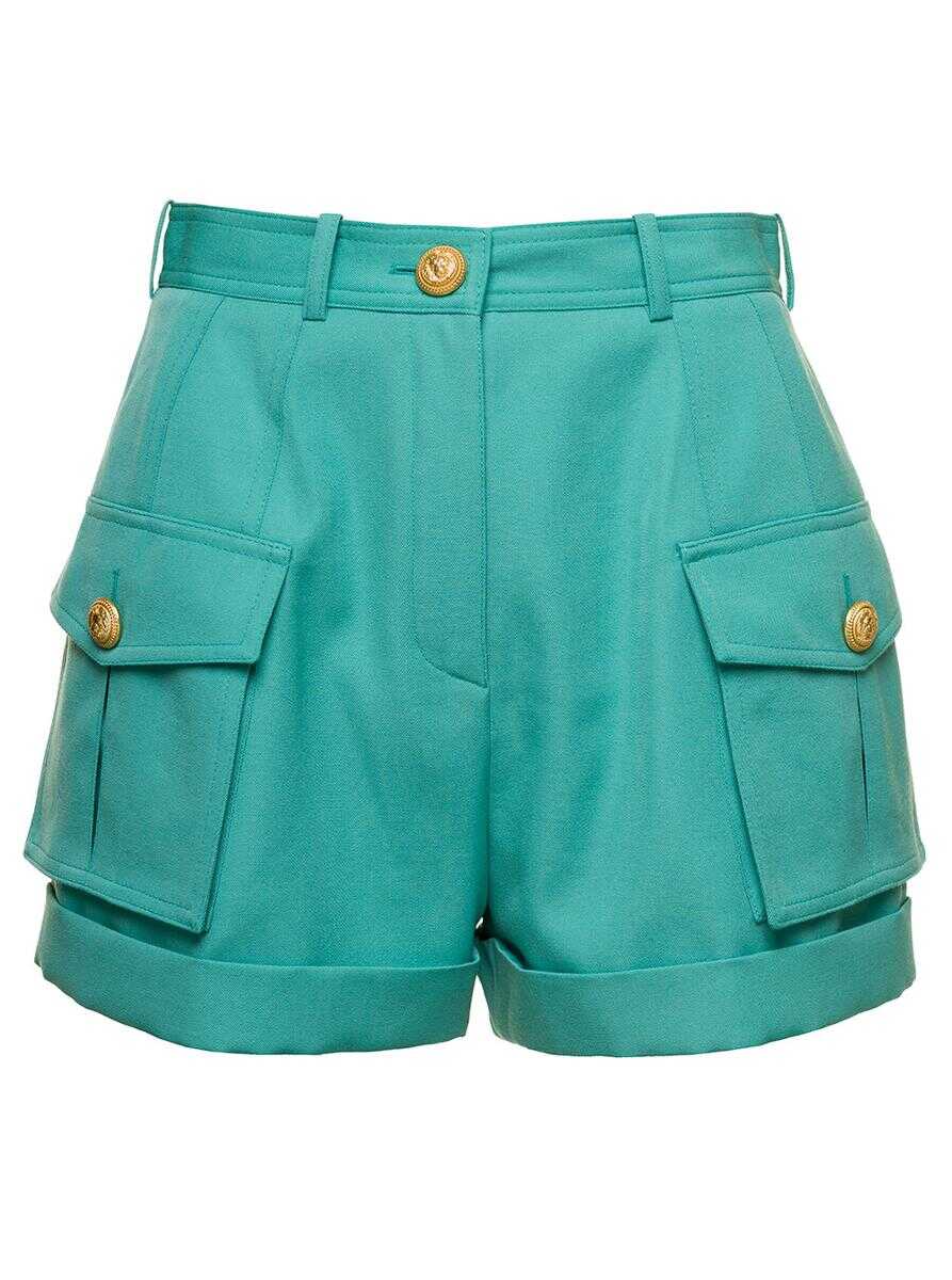 Balmain Light Blue Shorts with Cuff and Jewel Buttons in Wool Woman Green