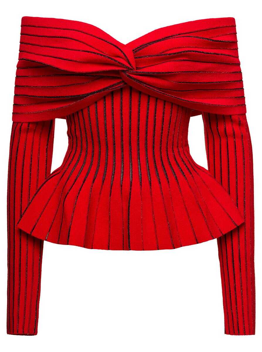 Balmain LONG SLEEEVES OFF SHOULDERS KNOTTED KNIT TOP Red