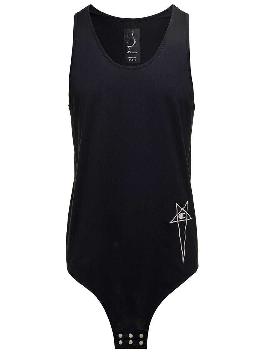 Rick Owens \'Basketball Tank\' Long Black Tank Top with Pentagram Embroidery and a Six Snap Closure Hanging in Cotton Man Black