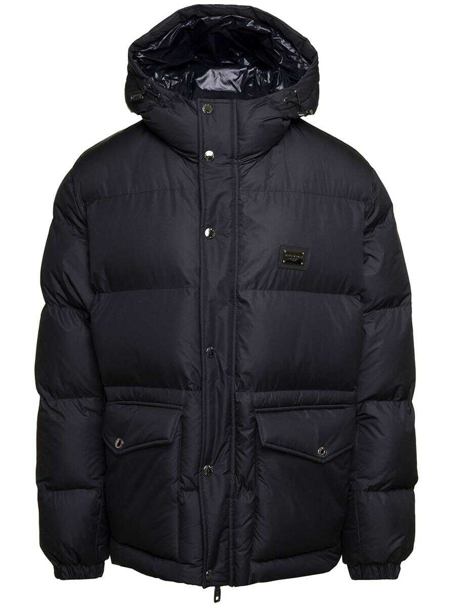 Dolce & Gabbana Black Down Jacket with Patch Pockets at the Front in Polyester Man Black
