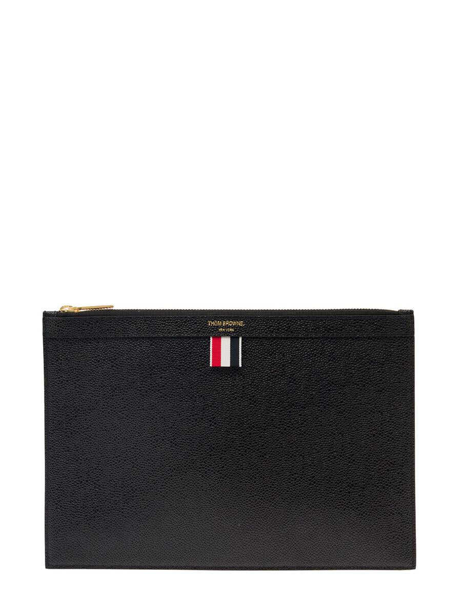 Thom Browne Black Document Holder with Grained Texture and Web Detail in Leather Man Black