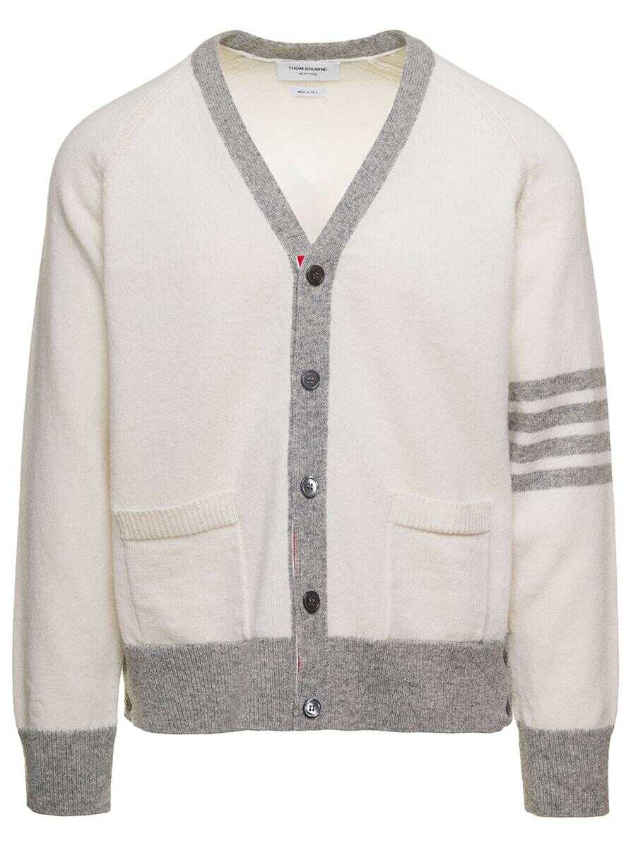 Thom Browne White Cardigan wiith 4-Bar Detail and Contrasting Trim in Wool Man White