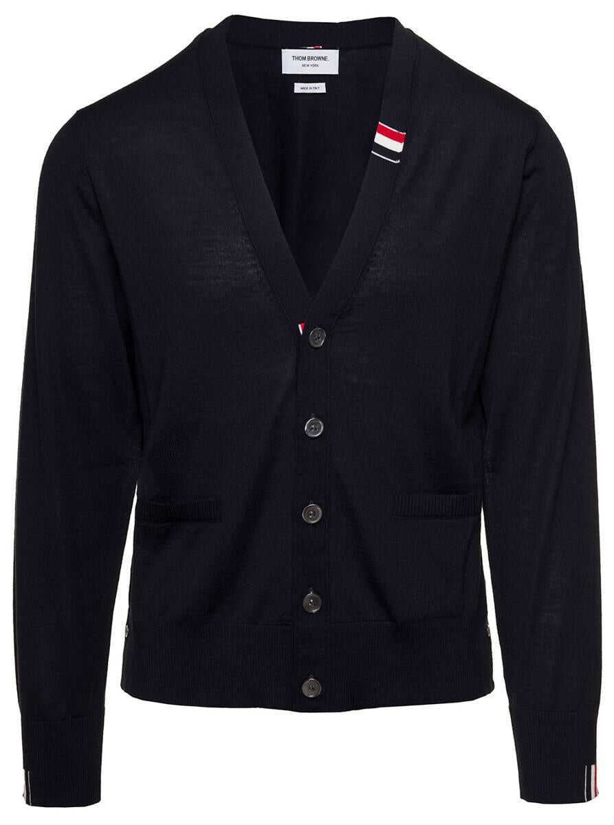 Thom Browne Overisze Black Cardigan with Tricolor Band in Wool Blend Man Blu