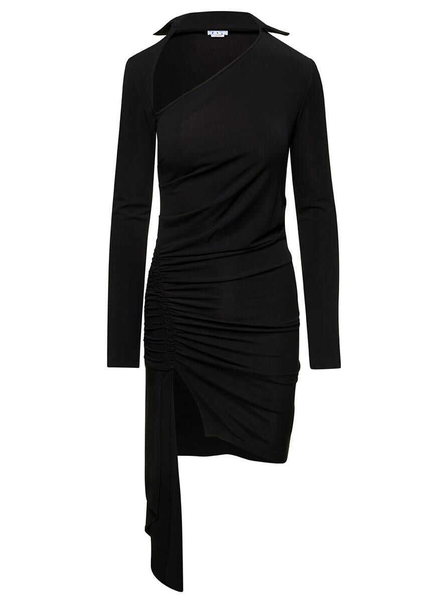Off-White Mini Asymmetric Black Dress with Cut-Out and Ruffle Detail in Viscose Stretch Woman Black