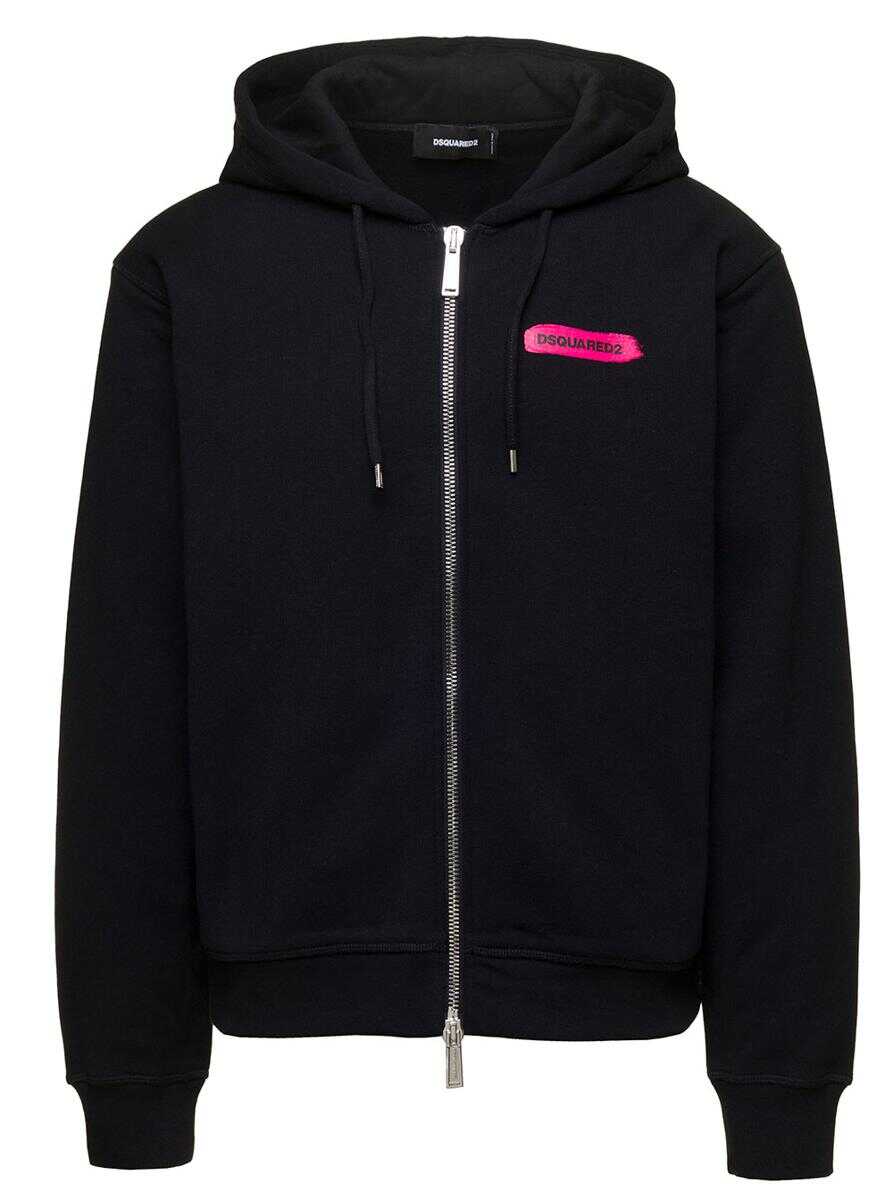 DSQUARED2 Black Zip-Up Hoodie with Logo Print in Cotton Man Black