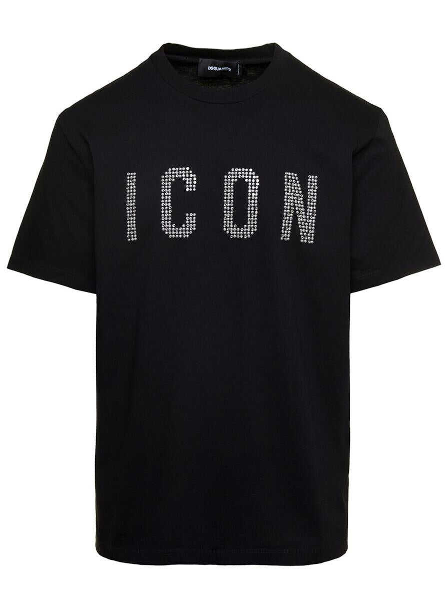 DSQUARED2 Black Crewneck T-Shirt with Studded Icon Detail in Cotton Man BLACK