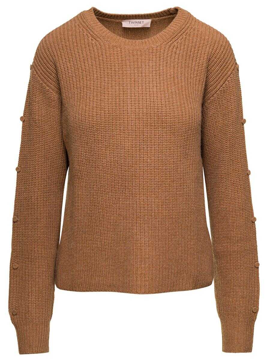 TWINSET Brown Sweater with Detachable Fur Details in Wool and Cashmere Blend Woman BEIGE