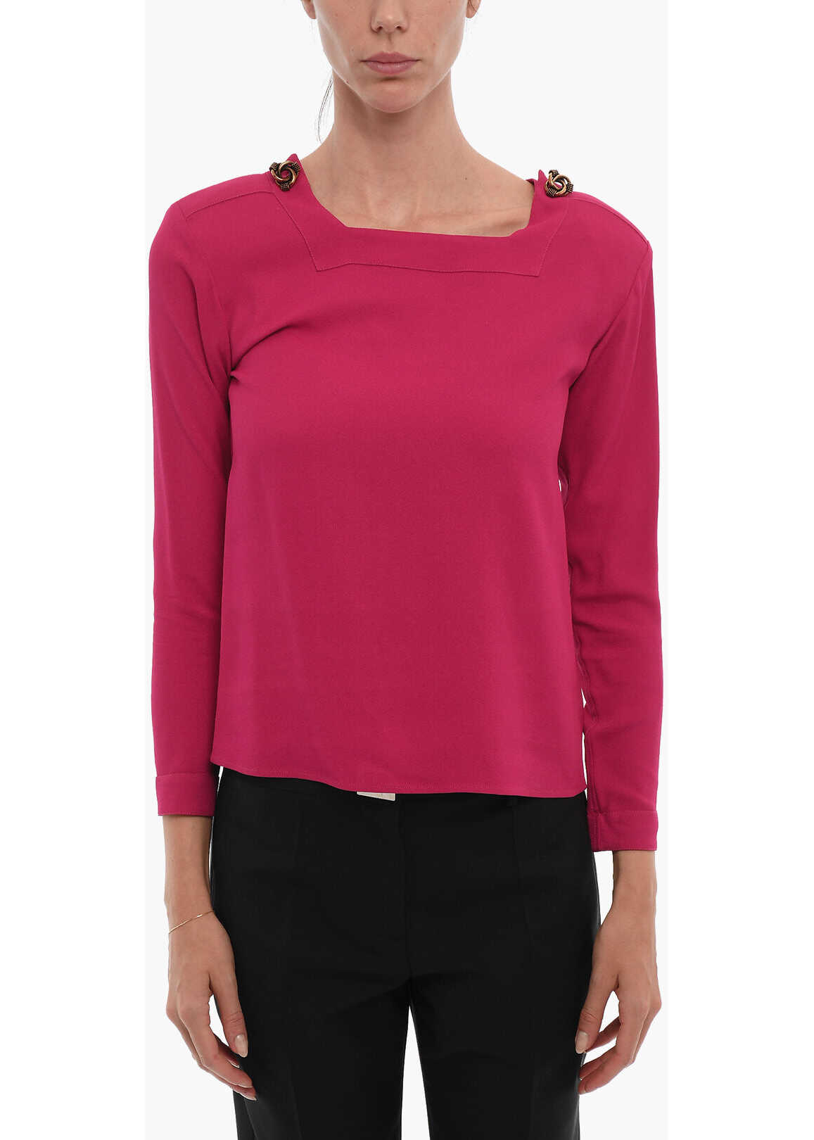 Saint Laurent Long Sleeved Blouse With Squared Neck And Jewel Buttons Pink