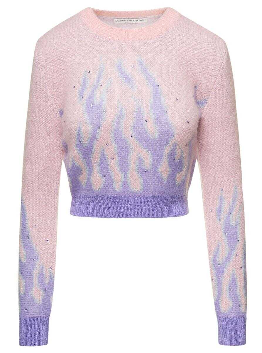 Alessandra Rich Light Pink Flame Jacquard Knitted Jumper with Hotfix in Mohair Blend Woman Pink